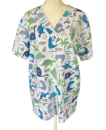 UA Scrubs women's M stompin dino white short sleeve v-neck pullover scrub top