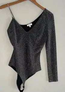 Sparkly Silver Black Bodysuit Rhinestone Strap Long Sleeve Glam Going Out NYE