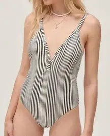 Billabong long ride off white blk striped high cut cheeky one piece swimsuit S M