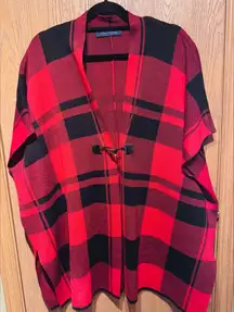 Tommy Hilfiger Fire Red & Black Buffalo plaid open-front poncho cape w/Toggle