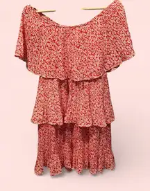 Cute red white fiesta floral ruffle crinkle mini dress off the shoulder fun