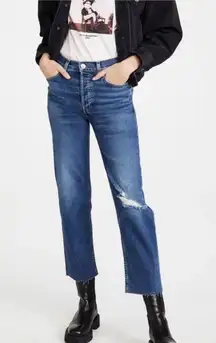 Re/Done 70s Stovepipe High Rise Straight Leg Jeans Worn Rich Indigo Distressed