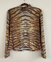 St. John Sport Faux Lace Tiger Print Turtleneck Long Sleeve Vintage Top Size L