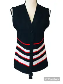 Vintage 70s Long Polyester Vest Striped Black White Red Center Stage S/M