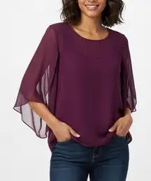 AB Studio Plum Purple Sheer Flutter Sleeve Top Size Medium