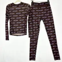 Emline Mesh Logo Top & Legging Set Size Medium Brown Sheer Stretch Streetwear