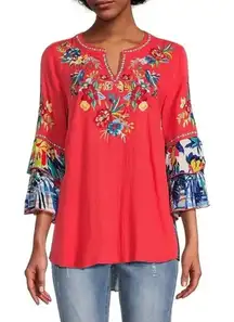 John Mark Floral Embroidered Split Neck Ruffled 3/4 Sleeve Tunic Red Size Small