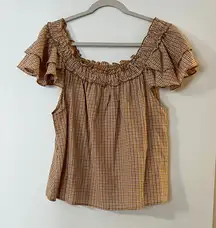 Easel Checkered Ruffle Sleeve Blouse - Tan