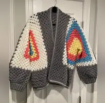 Handmade Crochet Granny Square One Size Cozy Cardigan Boho Chunky Knit Sweater