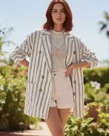 Anthropologie Plicro Blazer Womens XS White Black Striped Linen Double Breasted