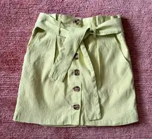 Lovers + Friends XS Lemon Linen Button Front Mini Skirt with Belt