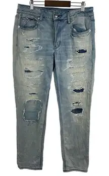 American‎ Eagle Tomgirl Jeans Womens 8 Blue Button Fly Distressed Patched Denim