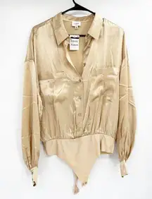 CAMI NYC Belkis Silk Charmeuse Shirt Bodysuit XL Beige Nude