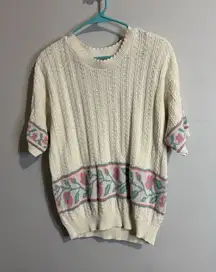 Vintage Cricket Lane Floral Knit Cottage Core Short Sleeve Cream Sweater Size XL