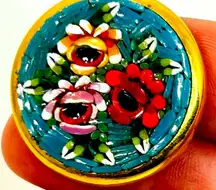 Antique Italian Micro Mosaic Brooch Floral Design Round Gold Tone Signed ITALY