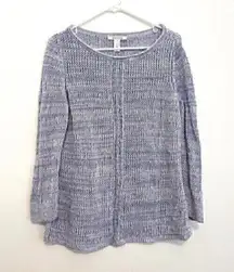 WHITE HOUSE BLACK MARKET WHBM Blue White Open Knit 3/4 Sleeve Cotton Sweater L