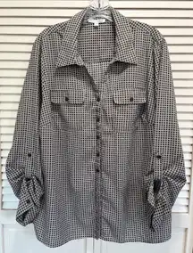 Notations Brown/Black Squares Button Up‎ Long Tab Sleeve Blouse Pocket Size 2XL