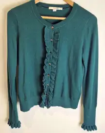 Boden Bernadette Ruffle Front Cardigan Sweater teal green Medium wool blend