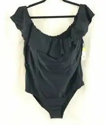 Kona Sol One Piece Swimsuit Ruffle Off Shoulder Spaghetti Strap Basic Black 16W