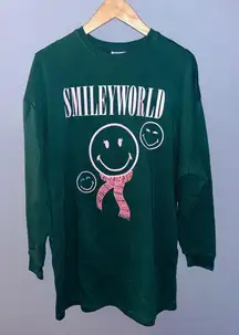 Smiley World Graphic Sweatshirt Dress Green Long Sleeve Casual Trendy