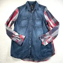 Seven7 Jeans Womens Size Medium Button Down Shirt Blue Denim Red Plaid