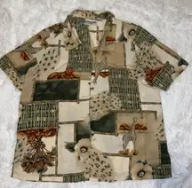 Alfred Dunner Women’s Button Up Shirt with Cat, Lion, Giraffe, Safari Print Y2K