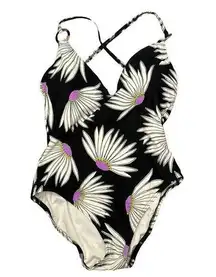 Kate Spade Black & White Floral Print One Piece X Back Swimsuit Women's Large