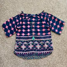 Pink Navy Aztec Print Off Shoulder Tunic Size Large