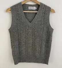 Vintage 90s Dark Grey Pure Lambswool Cable Knit V Neck Sleeveless Sweater Vest