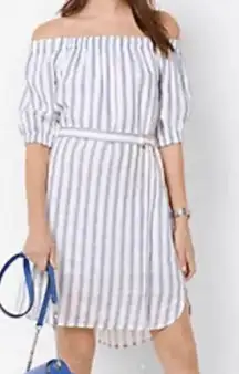 NWT  Stripped Linen Off-the-shoulder Dress Size XS White Blue