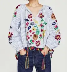 Zara BBWM Woman Striped Floral Fruit Embroidered Balloon Sleeve Boho Peasant Top