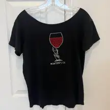 Y2K black off the shoulder shirt with Red Wine Glass Design