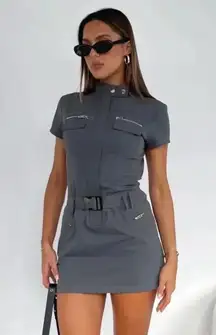 White Fox utility belted mini dress short sleeve denim high neck zip up pockets