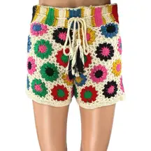Farm Rio Multicolor Floral Crochet Knit Drawstring High Rise Mini Shorts Size S