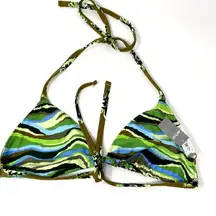 NEW Aerie Green Floral Striped Reversible String Triangle Bikini Top L