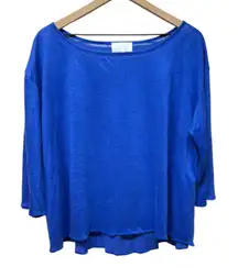 ALEXIS Linen Tee Shirt Sz S Oversized Blue 3/4 Sleeve‎ Top Boat Neck Coastal