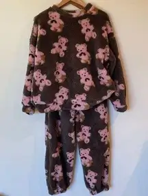 DAZY Bear Print Drop Shoulder PJ Set Pink bears brown background Size Medium