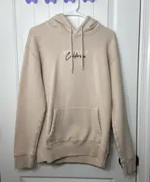EUC Hollister‎ Co women’s tan cream stitch decal pullover fleece lined hoodie M