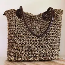 Granola Girl Neutral Earth Tone Woven Wicker Large Zipper Laptop Tote Bag