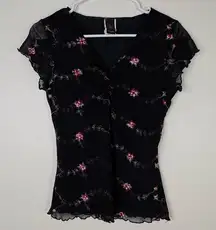 Wrapper Y2K Black Floral Mesh Juniors Top XL Goth Fairycore Festival small