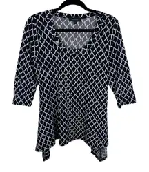 Karen Kane Black White Diamond Shark Bite Hem 3/4 Sleeve Scoop Neck Blouse Sz L