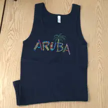 Bin 6 New Rhinestones Aruba Palm Tree Ribbed Tank Top Very Stretchy Navy Size XL