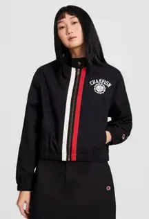 Champion Women's Varsity Jacket in Black with Red and White Stripes