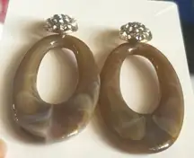 Boho Rhinestone‎ Oval Dangle Earrings Brown Gold Swirl 2.5" Drop Neutral Glam