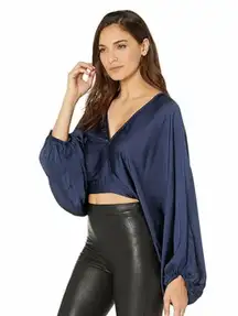 Free People Midnight Vibes Satin Faux Wrap Blouse Indigo Lost Women's XS