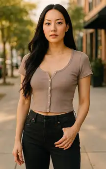 Brandy Melville John‎ Galt Womens Top Taupe Ribbed Button Up Zelly Y2K Cropped