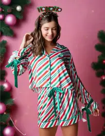 Rareraw Velvet Stripe Ribbon Knot Candy Cane Christmas 2pcs Pajama Set M