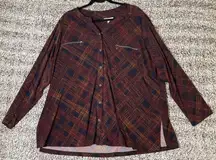 Susan Graver 2X Navy Blue Plaid Liquid Knit Button Up Tunic Zipper Pockets‎