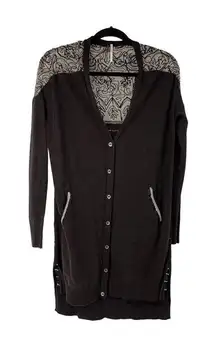 Free People Gray Taupe Embroidered Wool‎ Blend Button Up Cardigan