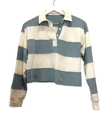 Marine Layer Blue Cream Stripe Cropped Rugby Shirt Long Sleeve Top Size XS